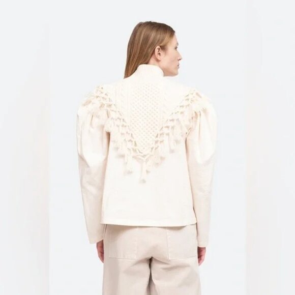 Sea New York Fringe Trim Cream Wool Crochet Cable Knit Collar Sweater Poncho 6 - Picture 6 of 14